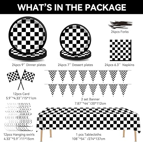 Miniatura 3 de 111 piezas de decoración de fiesta de carreras a cuadros en blanco y negro, juego de vajilla para fiesta de automóvil, platos de fiesta temática de