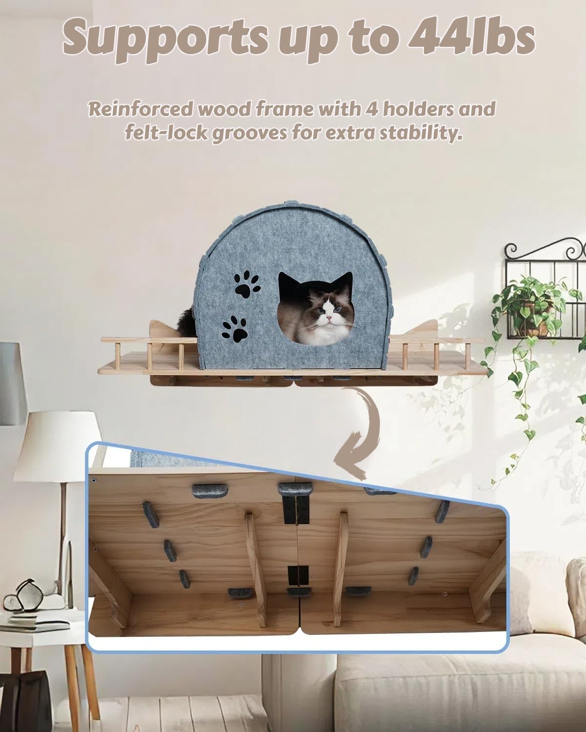 Wall Mounted Cat Shelf Bed – Large Felt Cat Furniture with Dual Entrances & Solid Wood Base, Floating Perch for Indoor Cats, Wall Shelves & Modern Furniture,Gray