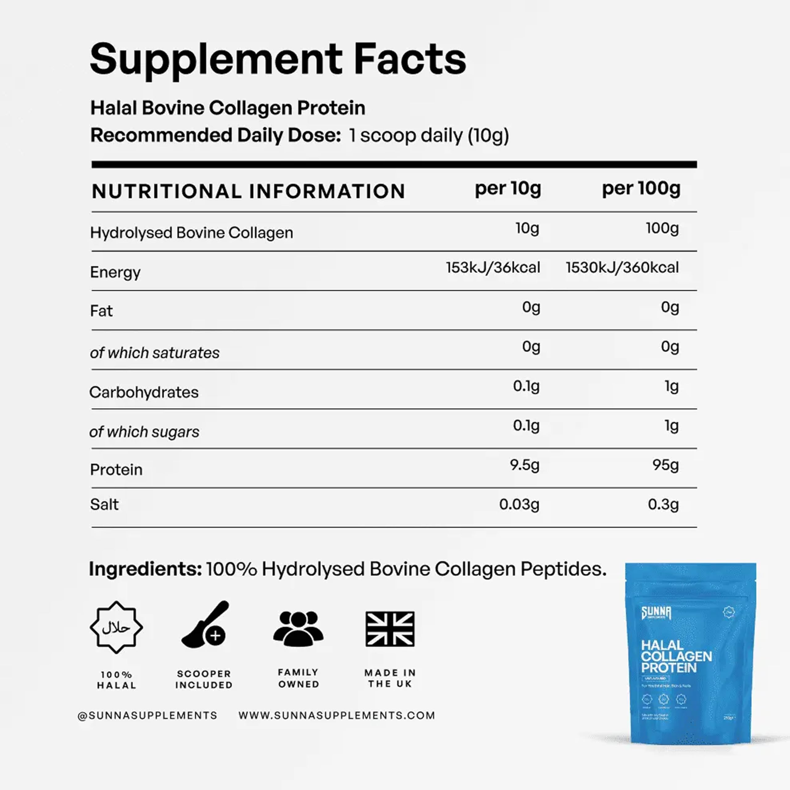 SUNNA SUPPLEMENTS - Polvere proteica di collagene bovino halal per capelli, pelle, unghie, articolazioni e molto altro ancora! Adatto per uomini e donne
