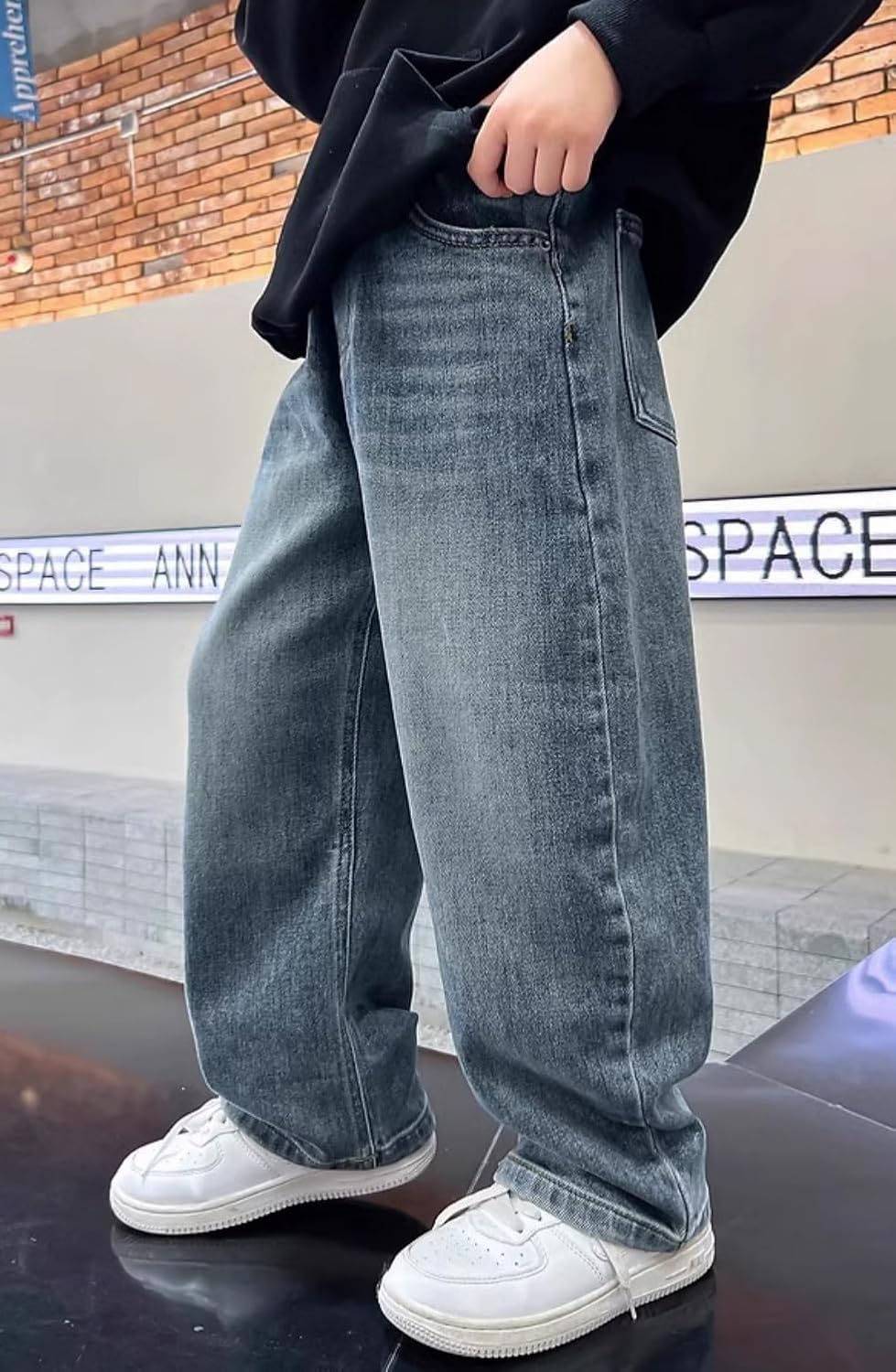 Boys Baggy Jeans Wide Straight Leg Elastic Waist Loose Denim Pants