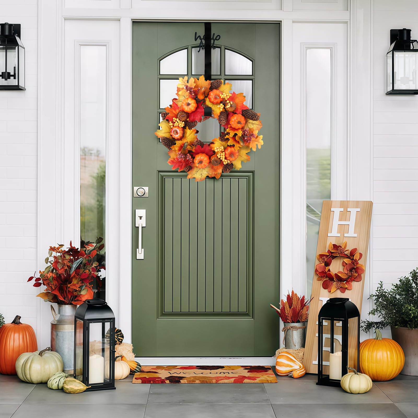 Corona de puerta para otoño exterior, 40 cm, calabazas con calabazas artificiales, hoja de arce, baya, piña, corona de otoño para puerta de casa, corona artificial de otoño, hoja de arce para