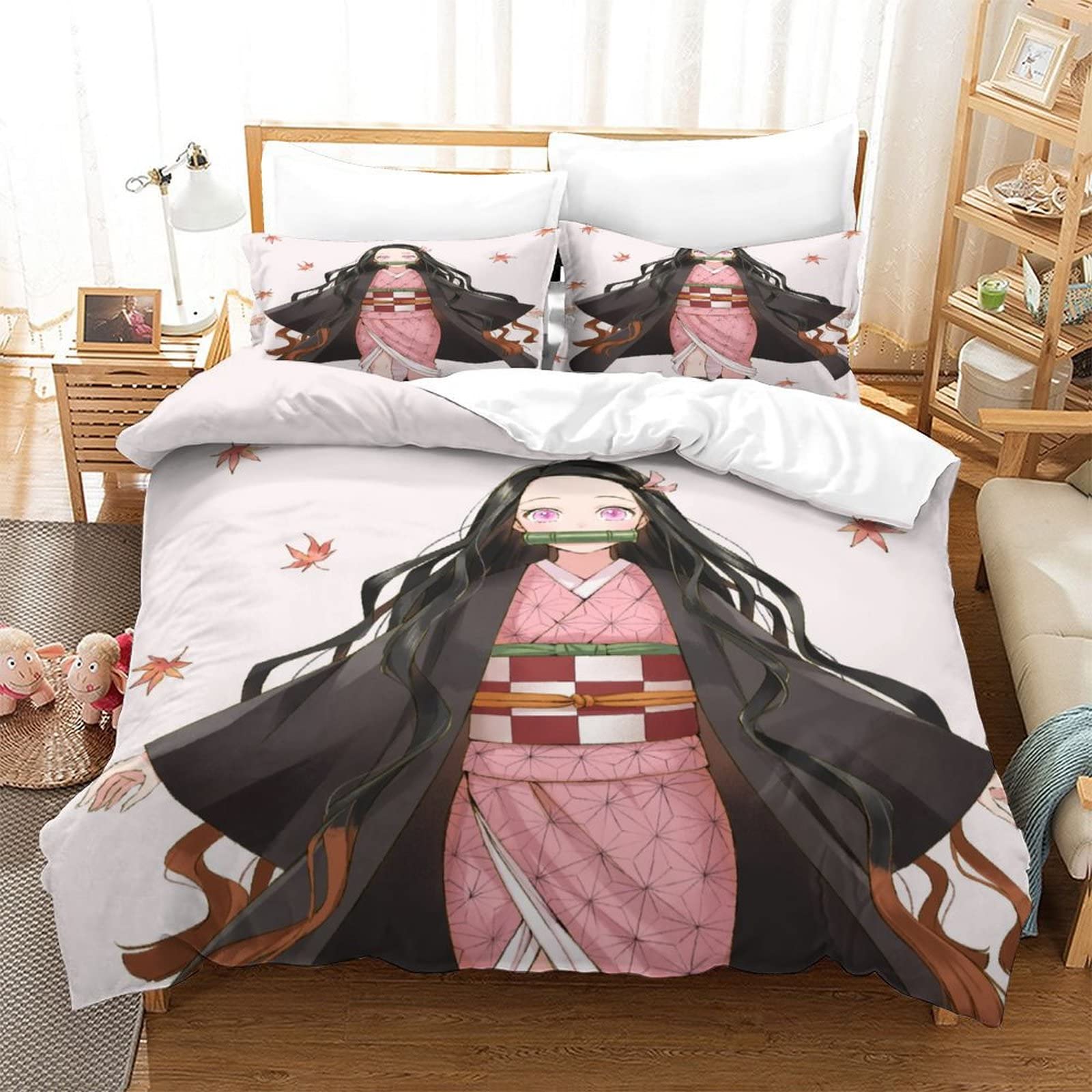 Parure De Lit 3D Demon Slayer Microfibre Douce - Housse De Couette King 220x240cm Avec Taies D'Oreiller, Imprimé HD Respirant Et Confortable