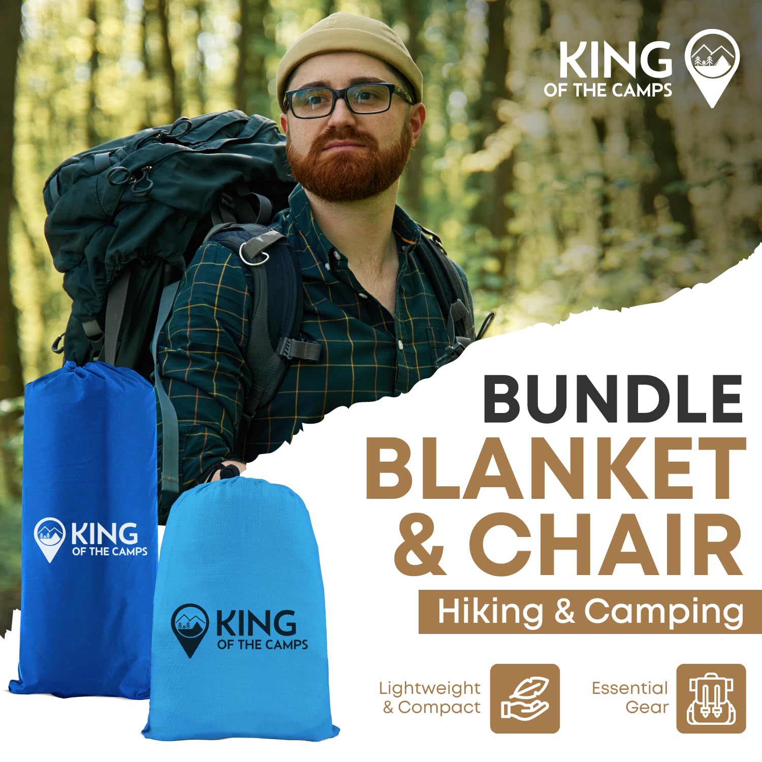 King of the Camps Adjustable Backrest & Outdoor Blanket Kit - Outdoor Portable Camping Chair - Packable Waterproof Picnic Blanket - Portable Seat & Outside Blanket Bundle (Blanket & Chair Bundle)