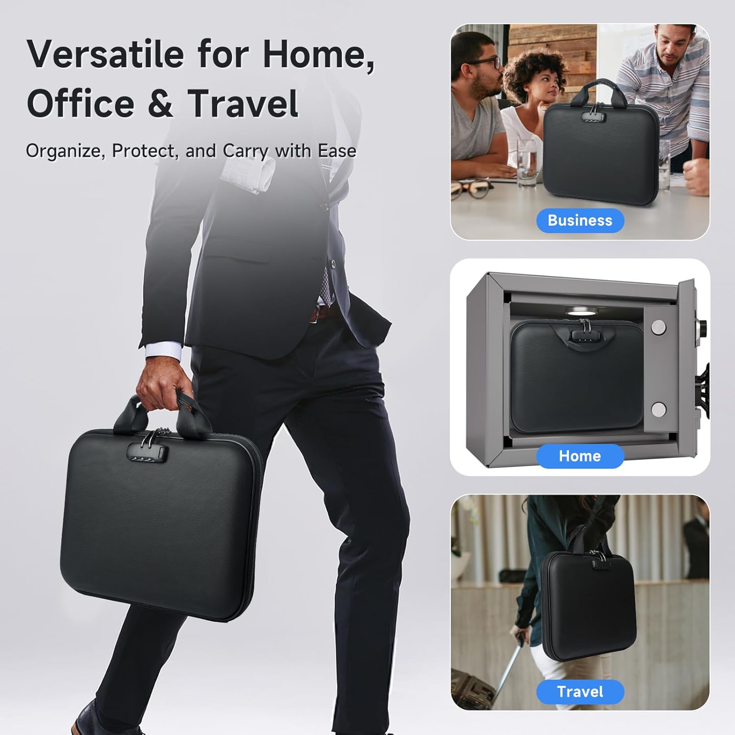 Fireproof Document Box with Lock, Waterproof Hard-Shell File Organizer with 13-Pocket Accordion Folder & Multi-Compartments for Laptop, Documents, Passports & Valuables