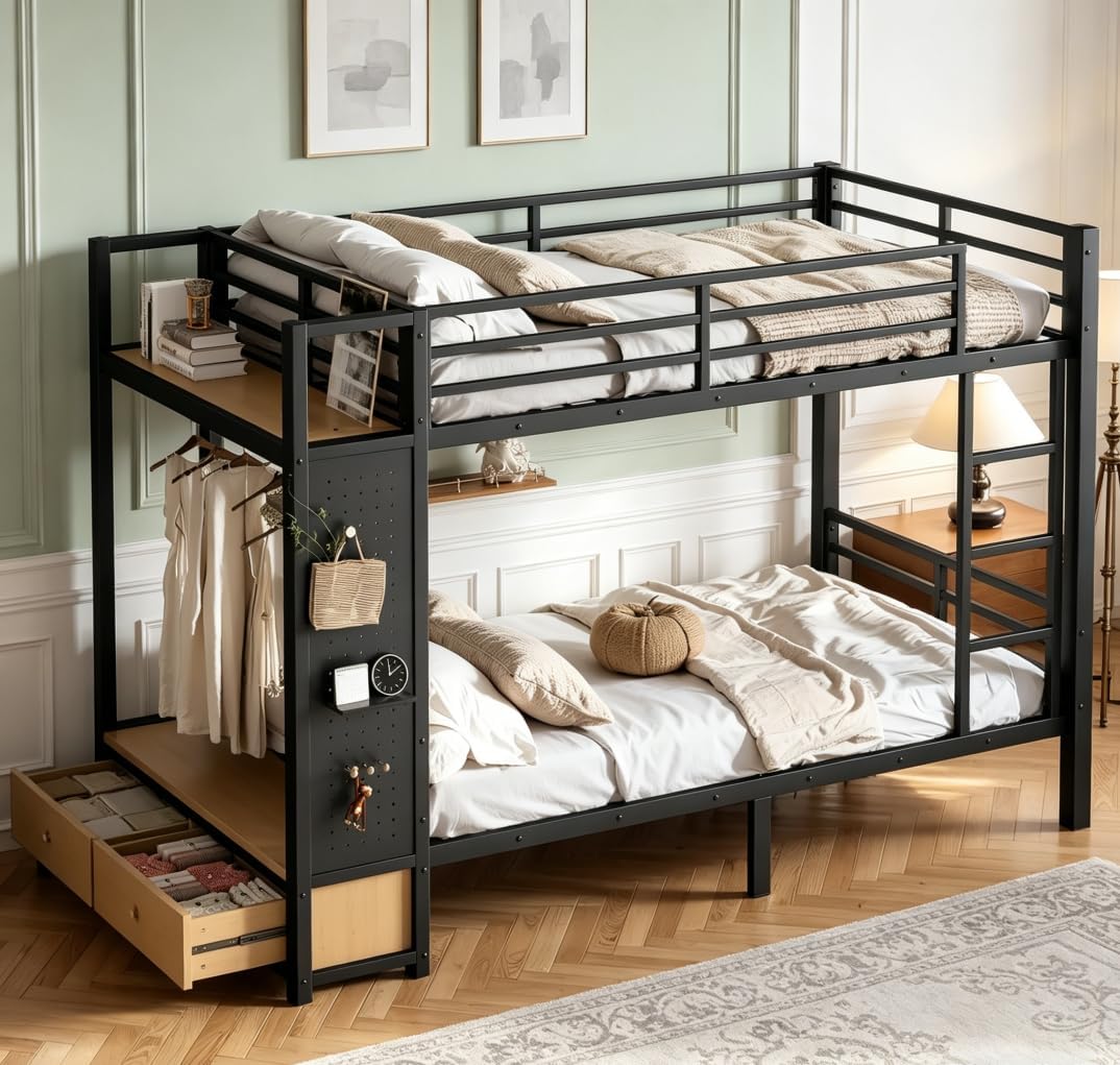 Bellemave Bunk Bed Twin XL Over Twin XL,Metal Bunk Bed with Shelf and Guardrails,Queen Bunk beds with Storage Drawers and Clothes Hooks for Kids, Teens & Adults(Black)