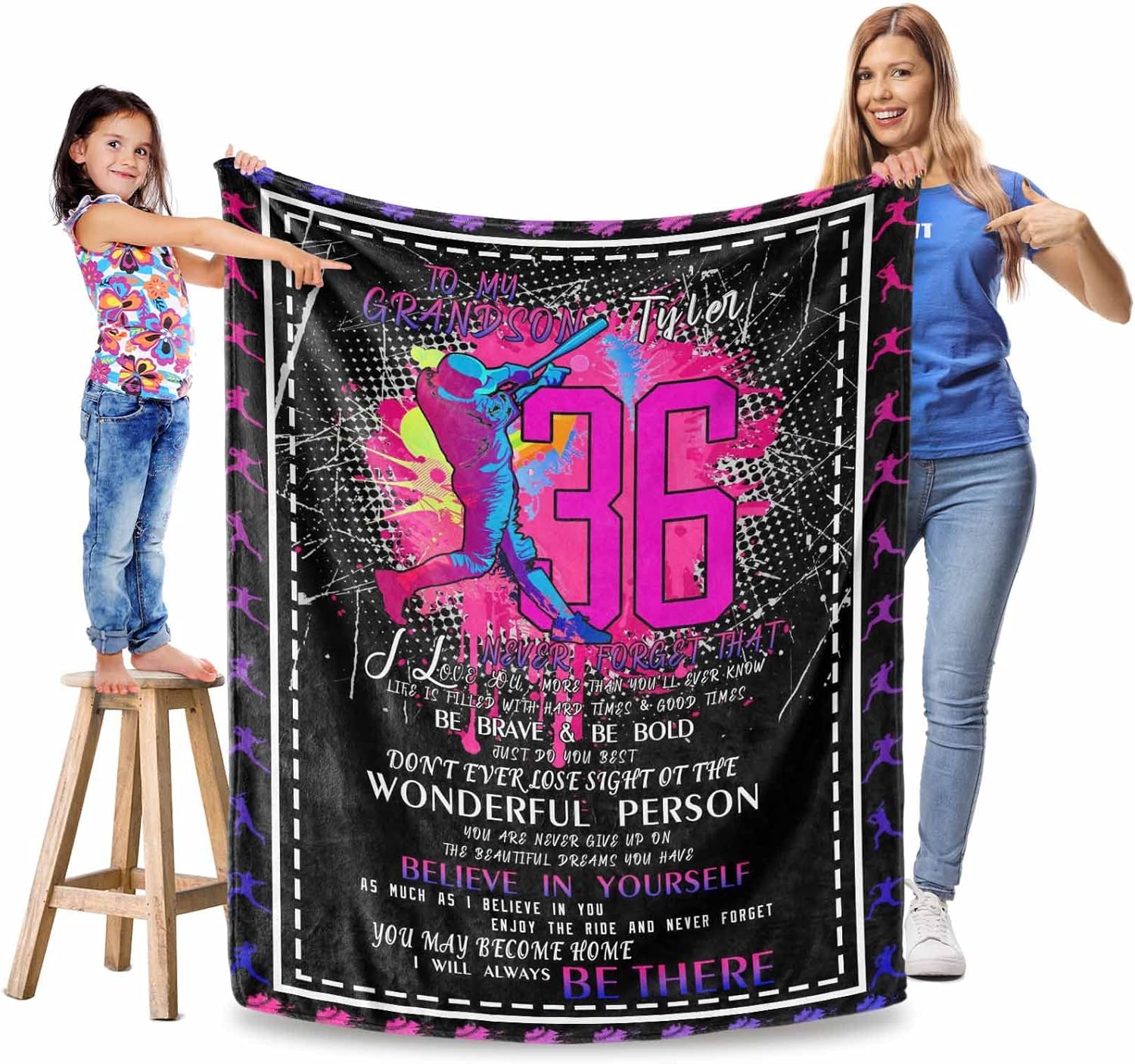 Custom Baseball Sports Name & Number Blanket with Love Message from Family, Personalzied Baseball Throw Blanket Gift for Sports Boys - Soft Throw Blanket 60"x80"