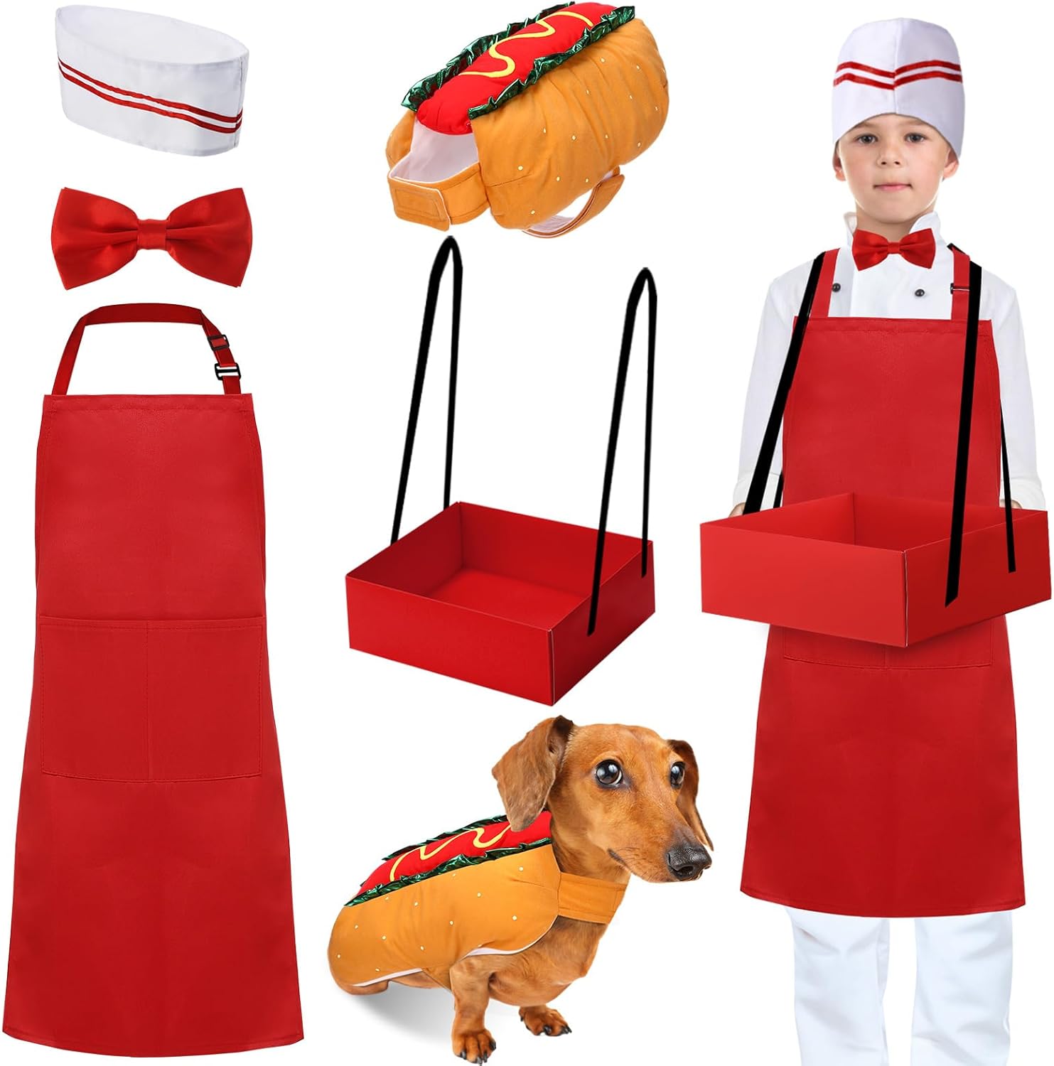 5 Pcs Kids Waiter Costume with Hot Dog Pet Costume, Popcorn Soda Jerk Christmas 50s Circus Party Cosplay X X Large Solid Red
