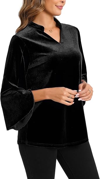 MOQIVGI Womens 3/4 Sleeve Velvet Tops Casual Trendy Dressy Elegant V Neck Blouses