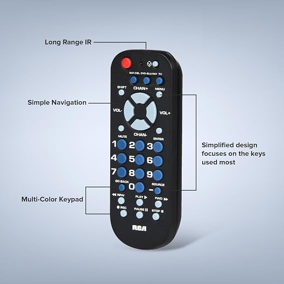 RCA 3-Device Palm-Sized Universal Remote, Long Range IR, Replaces Most Major Remote Brands, Designed for Comfort, RCR503BE