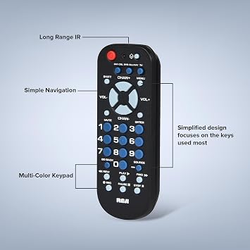 RCA 3-Device Palm-Sized Universal Remote, Long Range IR, Replaces Most Major Remote Brands, Designed for Comfort, RCR503BE