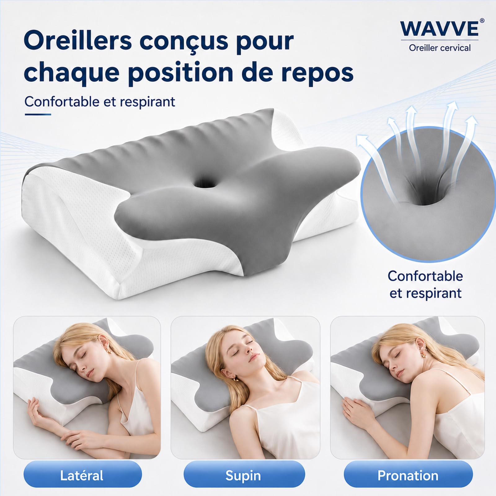 WAVVE Oreiller Cervical Ergonomique et Coussin Cervical pour Cervicales | Design Papillon à Double Hauteur 11/13 cm, Mousse à Mémoire de Forme Haute Densité