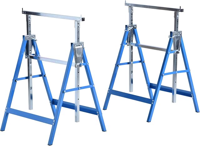 HOMCOM Set of 2 Adjustable Telescopic Builders Trestle DIY Steel Work Bench Carpenter Folding Saw Horse Tools Blue