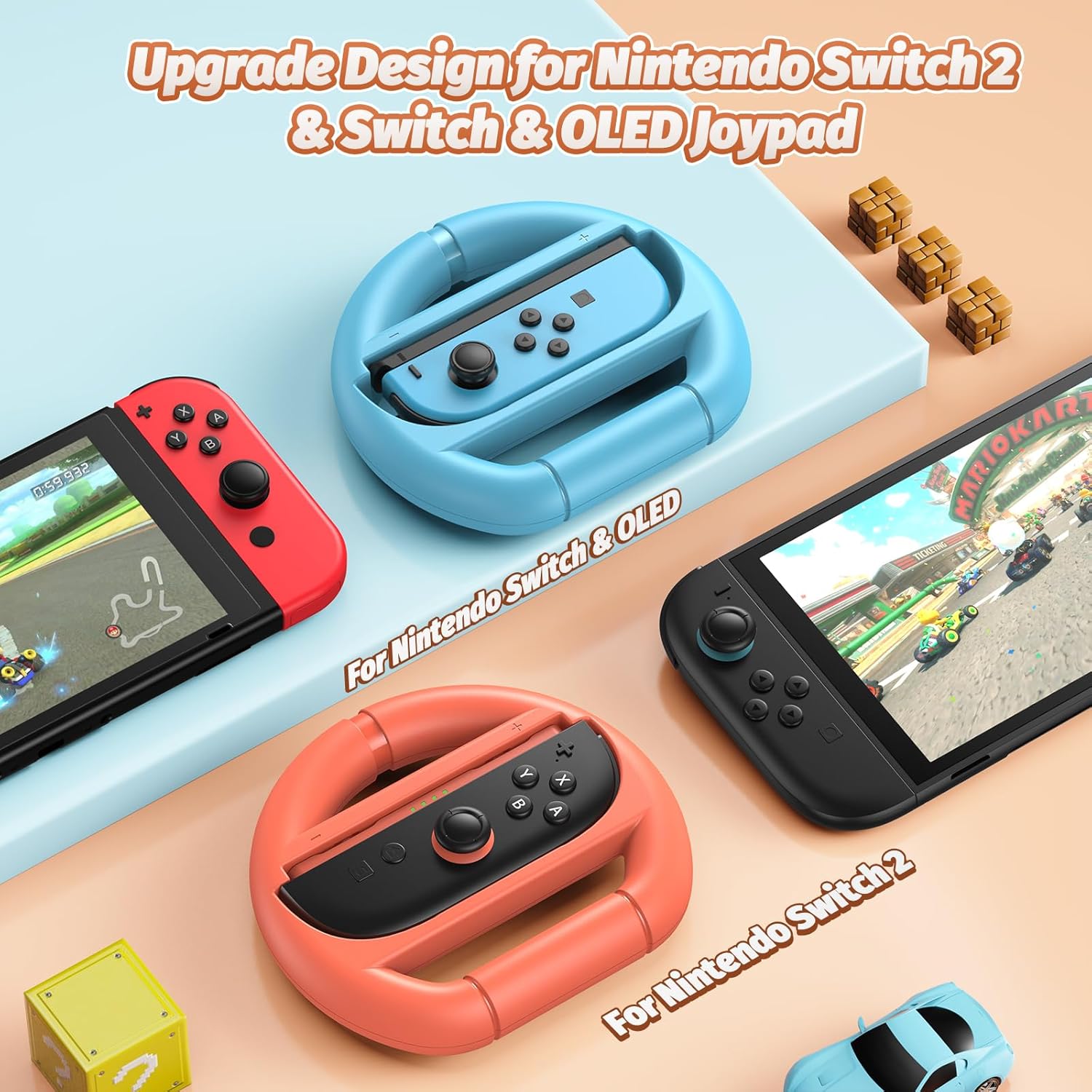 Kinwin Steering Wheel for Nintendo Switch 2 & Switch 1 & Switch OLED Joypad, Racing Wheel Controller Grip for Mario Kart World, for Mario Kart 8 Deluxe, NS2 Anti-Slip Grip Holder Accessories(Blue and Orange) - Image 2