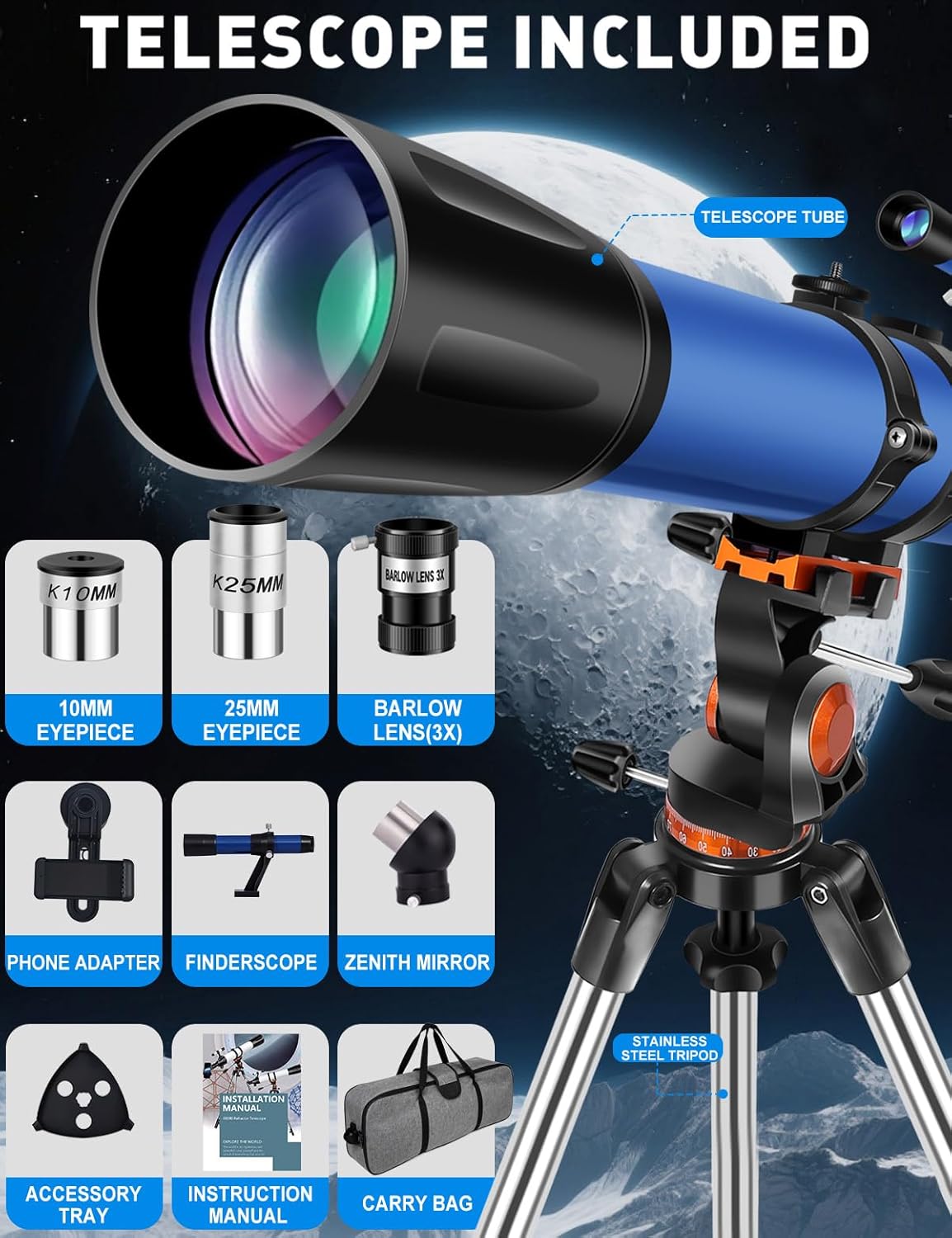 Telescope for Adults High Powered 90mm Aperture 800mm,Refractor Telescopes for Astronomy Beginners with AZ Mount Tripod,Phone Adapter,Carry Bag (80090blue) - Image 6