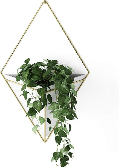 Umbra Trigg Hanging Planter Vase & Geometric Wall Decor Ceramic Container - Great For Succulent Plants, Air Plant, Mini Cactus, Faux Plants and More, Large, White/Brass