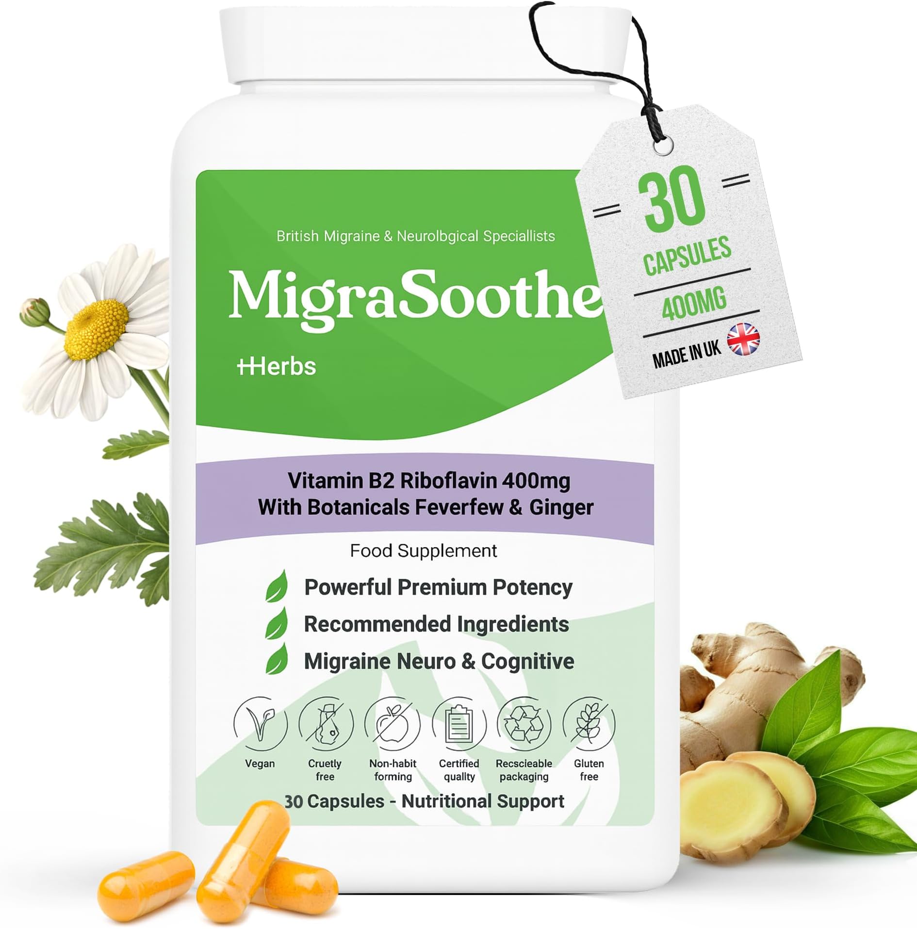 Migraine Relief Feverfew + Ginger + Vitamin B2 Riboflavin 400mg per Capsule - Migrasoothe + Herbs NHS Recommended Ingredients UK Made Stress, Headaches Tremors & Energy Vegan. Vitamin B2 400 [30]