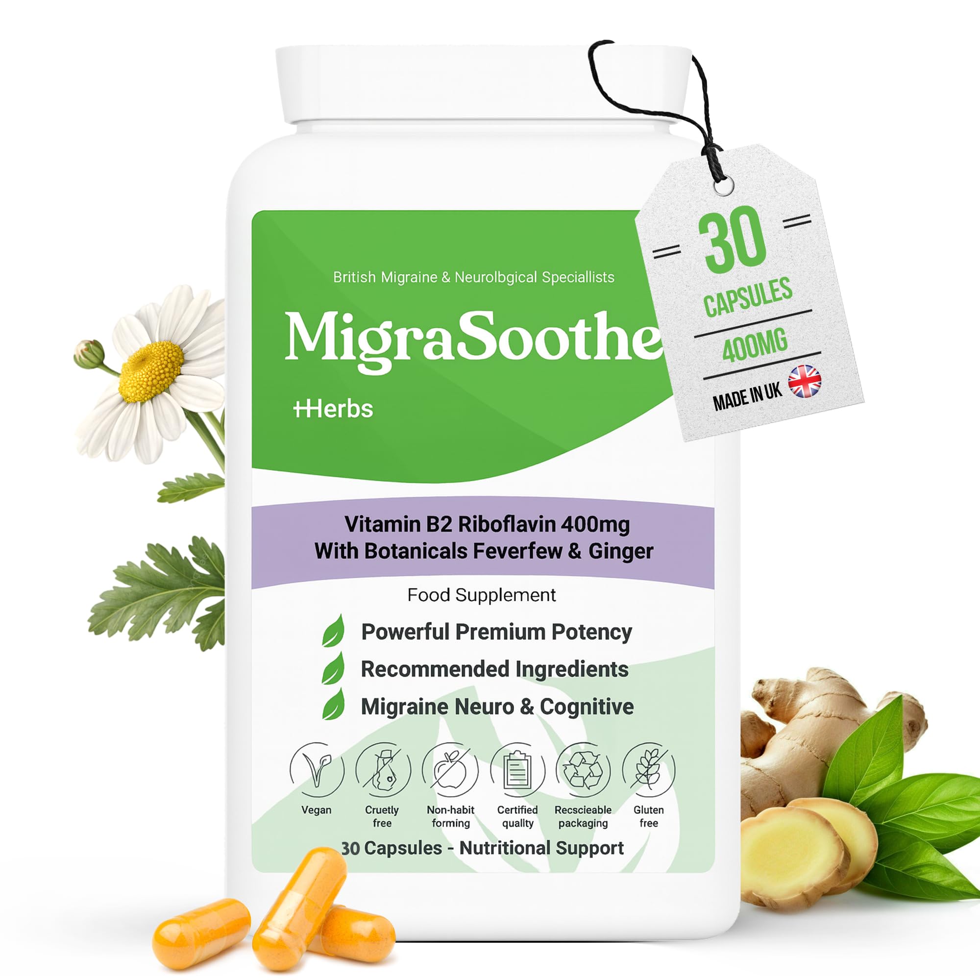 Migraine Relief Feverfew + Ginger + Vitamin B2 Riboflavin 400mg per Capsule - Migrasoothe + Herbs NHS Recommended Ingredients UK Made Stress, Headaches Tremors & Energy Vegan. Vitamin B2 400 [30]