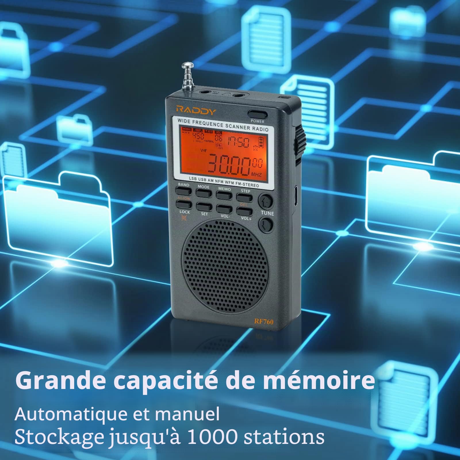 Raddy RF760 Radio numérique Large Bande à Ondes Courtes FM/AM/SW/CB/VHF(UHF)/WX/air Rechargeable avec Prise Casque, antenne Filaire de 3 m