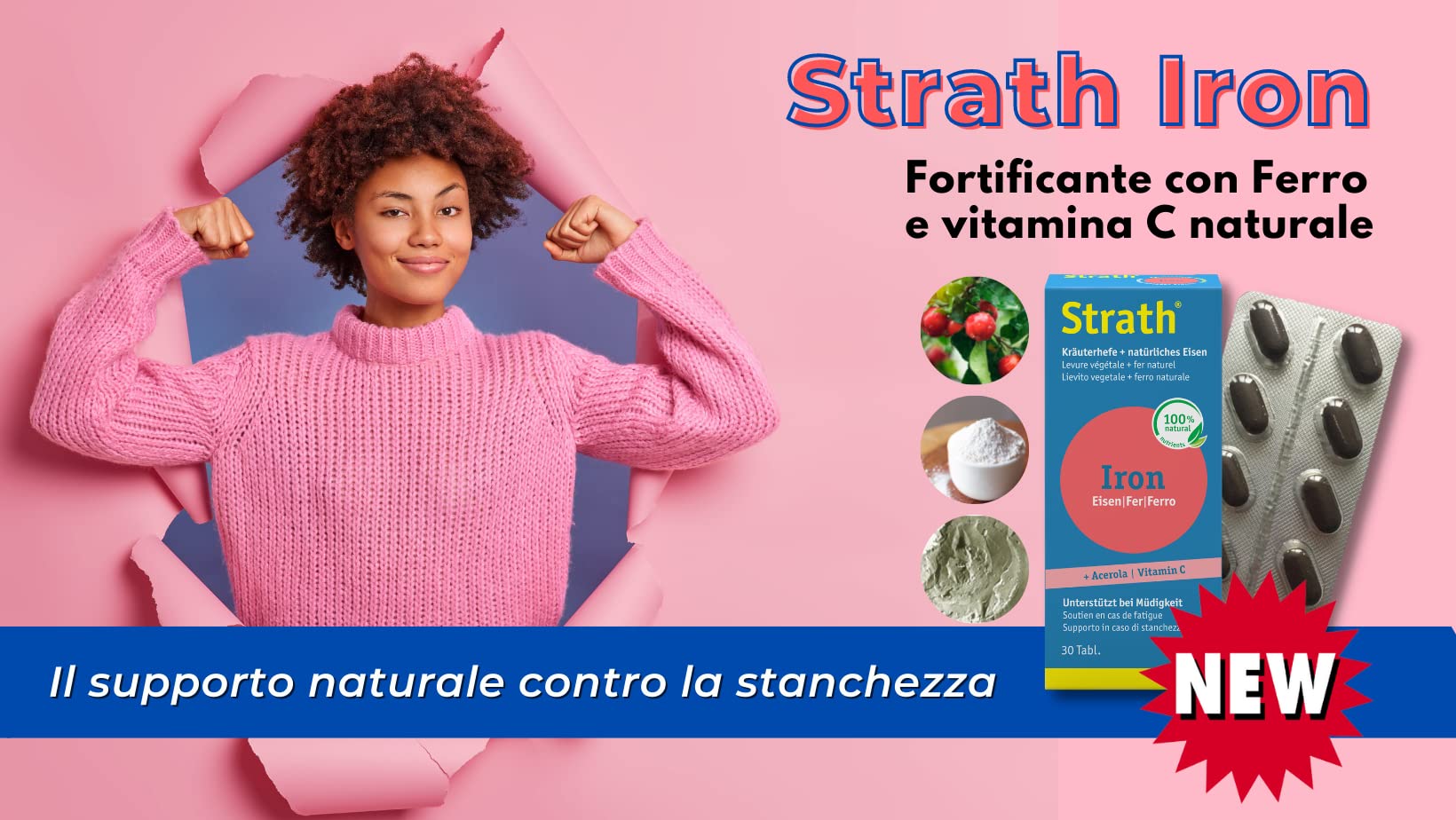 Strath Iron - Integratore con plasmolisato vegetale, ferro naturale, vitamina C da acerola - Elevata biodisponibilità, ottima tollerabilità, insapore - 30 compresse