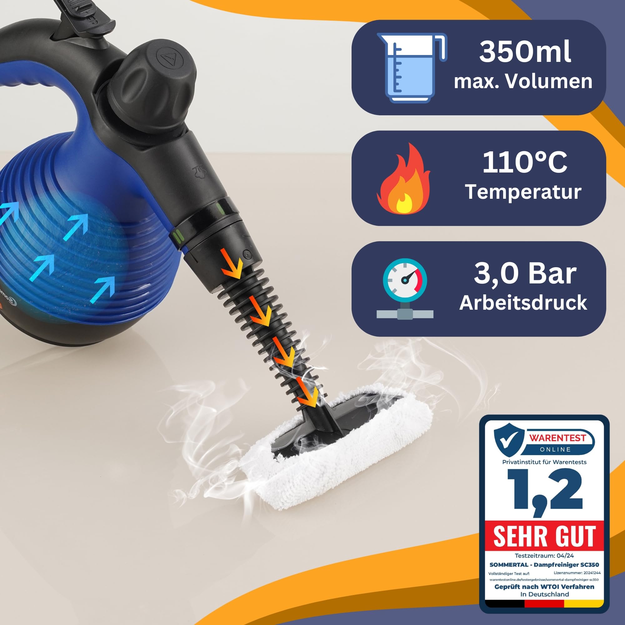 Dampfreiniger Sommertal SC350-1050W Power Handgerät mit viel Zubehör - 110°C Dampfreinigung ohne Chemie, gegen Schmutz und Fett auf Polster Fliesen Fenster, GS geprüft