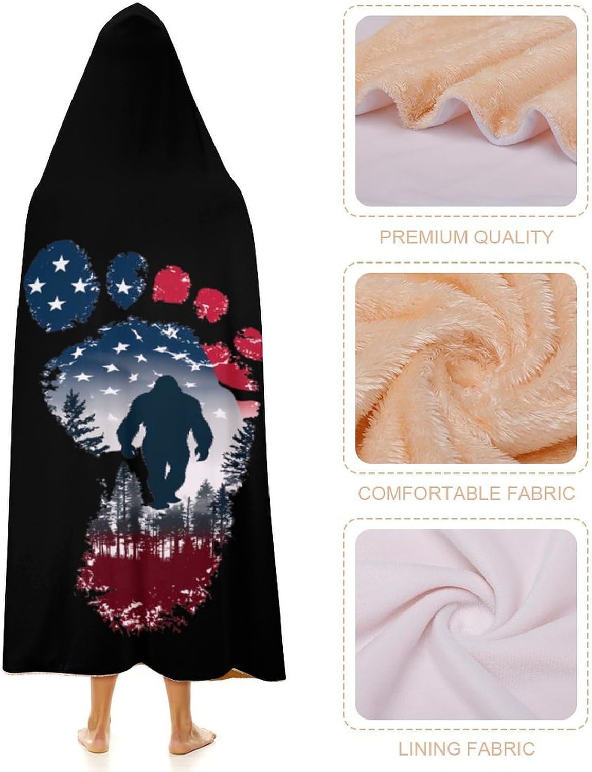 U.S. Flag Bigfoot Footprint Wearable Blanket Oversized Throw Cape | Cozy Hooded Blanket Gifts for Women Men