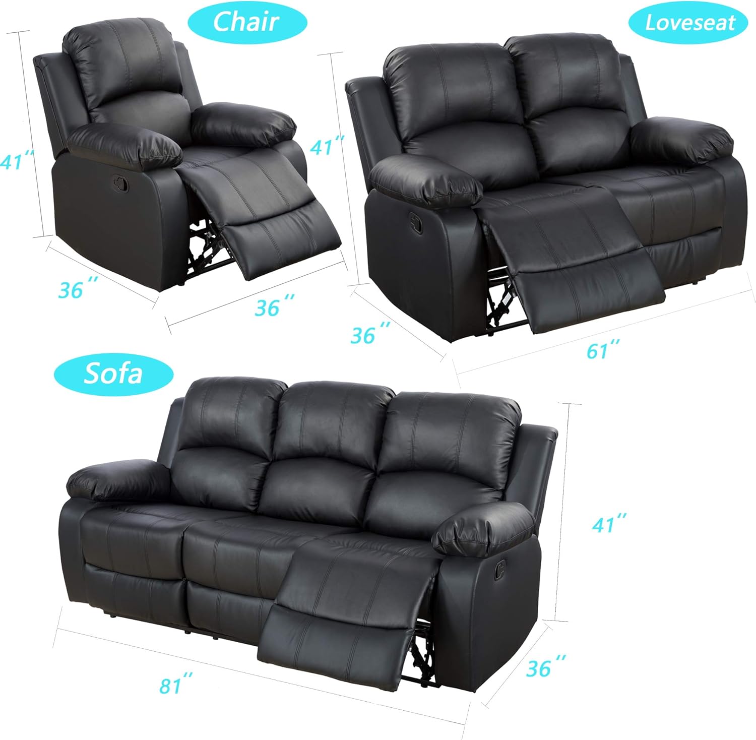 A Ainehome Recliner Sofa Living Room Set Reclining Couch Sofa Chair Loveseat Manual Motion Recliner Home Theater Seating (Bonded Leather, Black, 3 PCS)