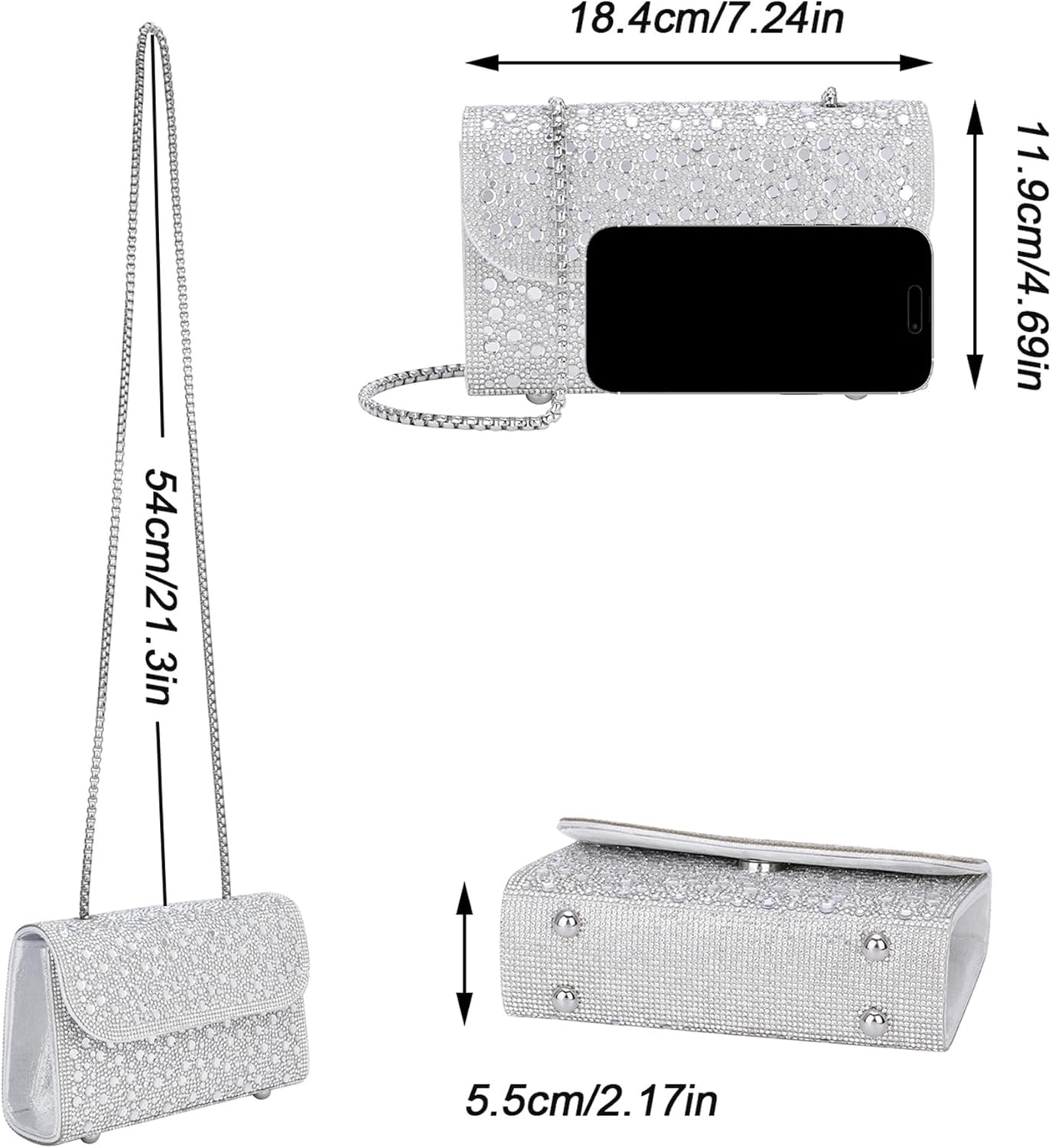 FALETO Evening Bag for Women Sparkly Shoulder Bag Rhinestone Clutch Purse with Detachable Chain