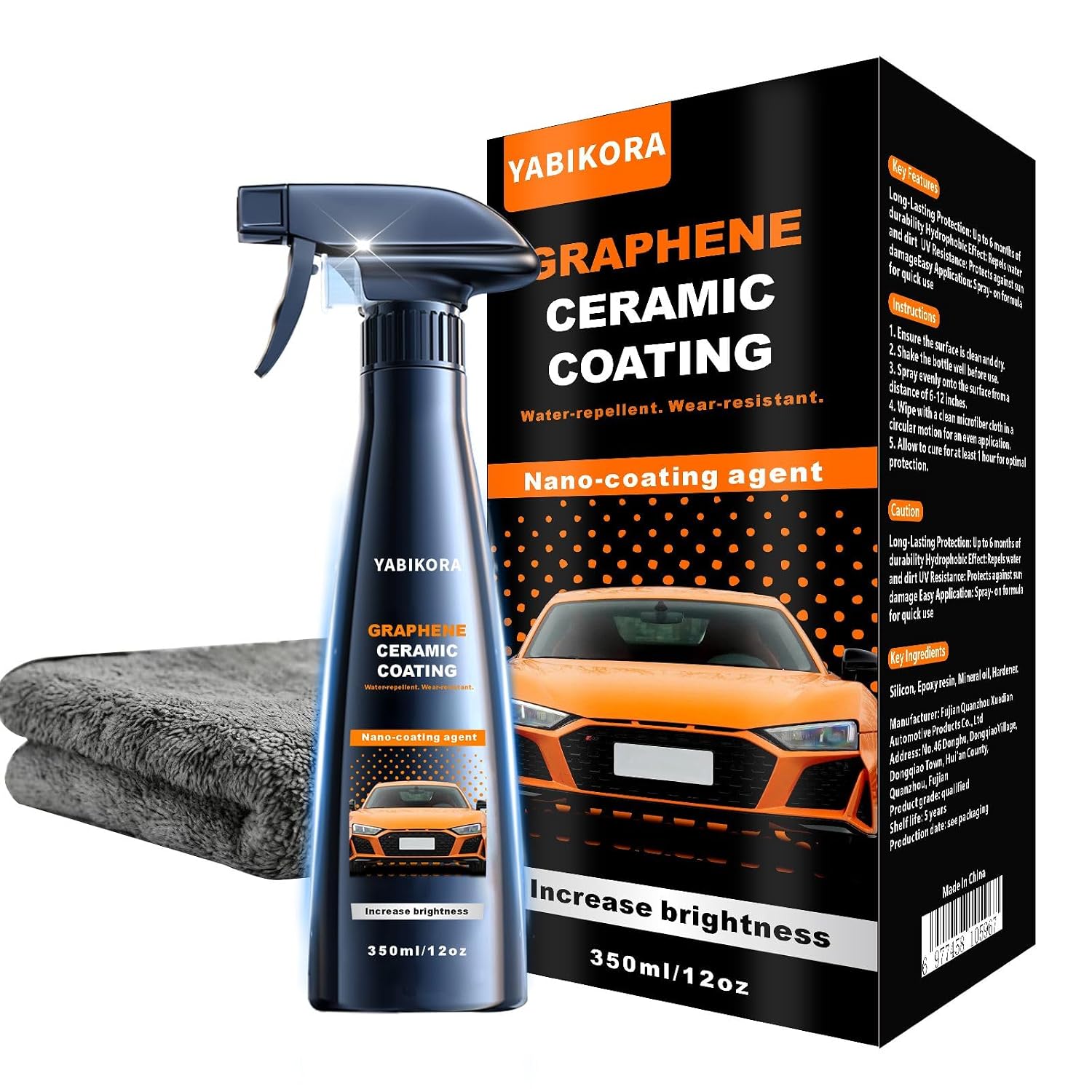 YABIKORA Graphene Infused Ceramic Car Coating - Waterproof Scratch-Resistant Spray Sealant, High Gloss Shine, Easy 1-Step Application