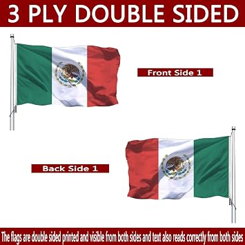Mexico MX Flag 3x5 Outdoor Double Sided - Vivid Color Polyester Canvas Header and 4 Rows Stitched - Mexican National Flags with Brass Grommets