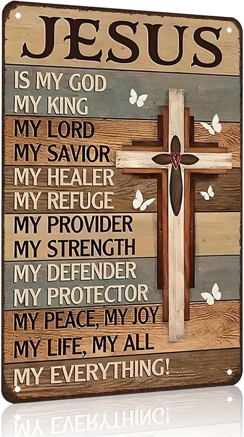 Christian Jesus Gifts for Women Men Jesus Is My God My King My Everything Vintage Tin Sign Religious Metal Wall Art for Home Church Prayer Room Office Chapel Decor 8x12 Inch(3767)