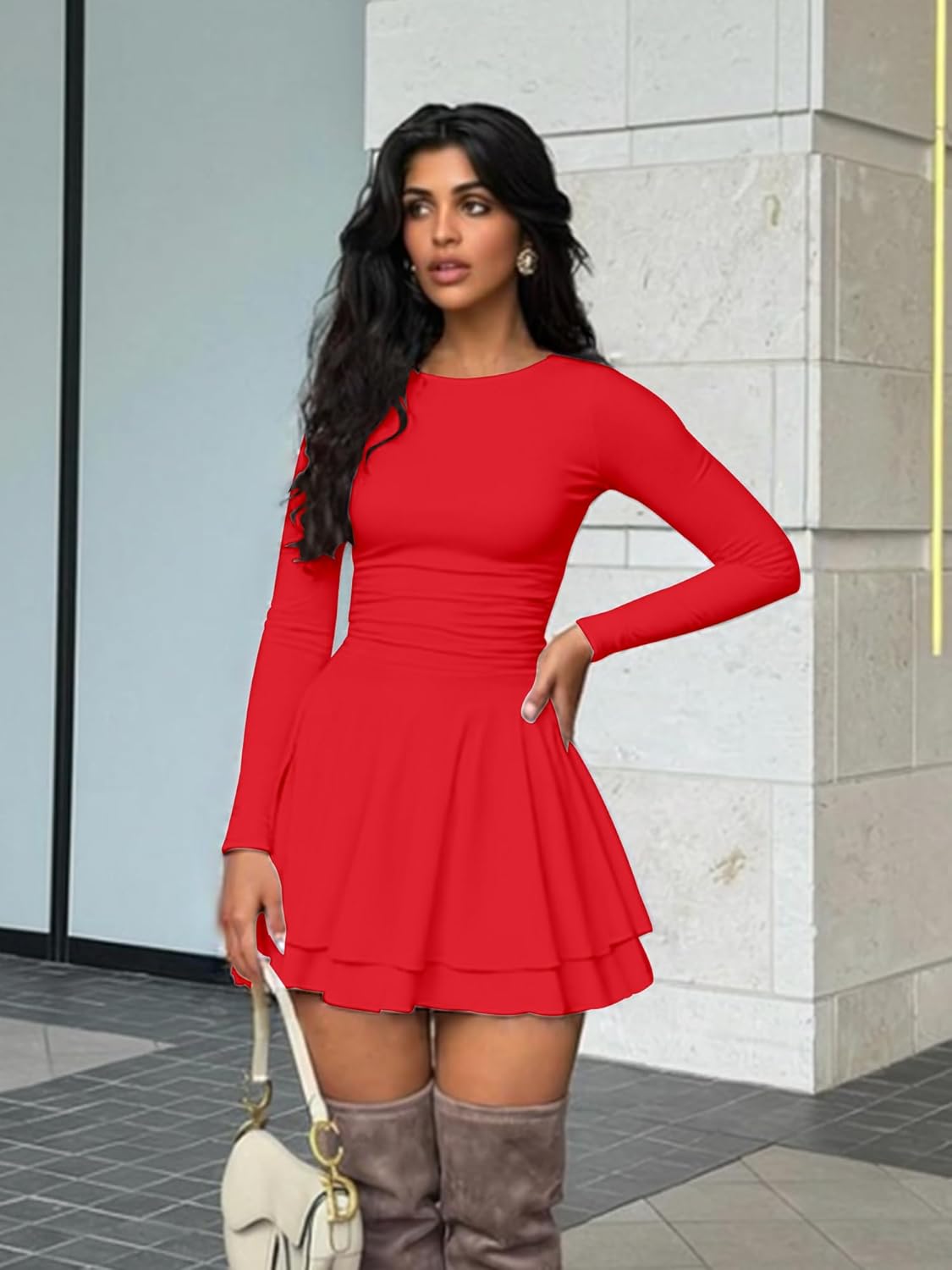 Kaximil Women's Crew Neck Long Sleeve Corset Mini Dress Ruffle Hem Short Party Club Dresses - Image 3