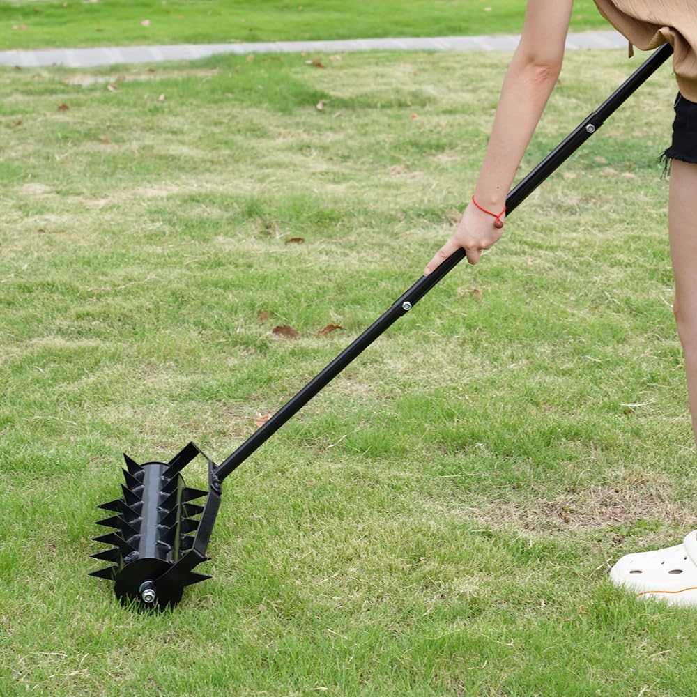 Yeeoy Rolling Lawn Aerator Upgrade Manual Aerator Lawn Tool with Tine Spikes Anti-Slip Handle Heavy-Duty Spike Soil Aeration Tool for Lawn, Garden, and Yard Grass Care