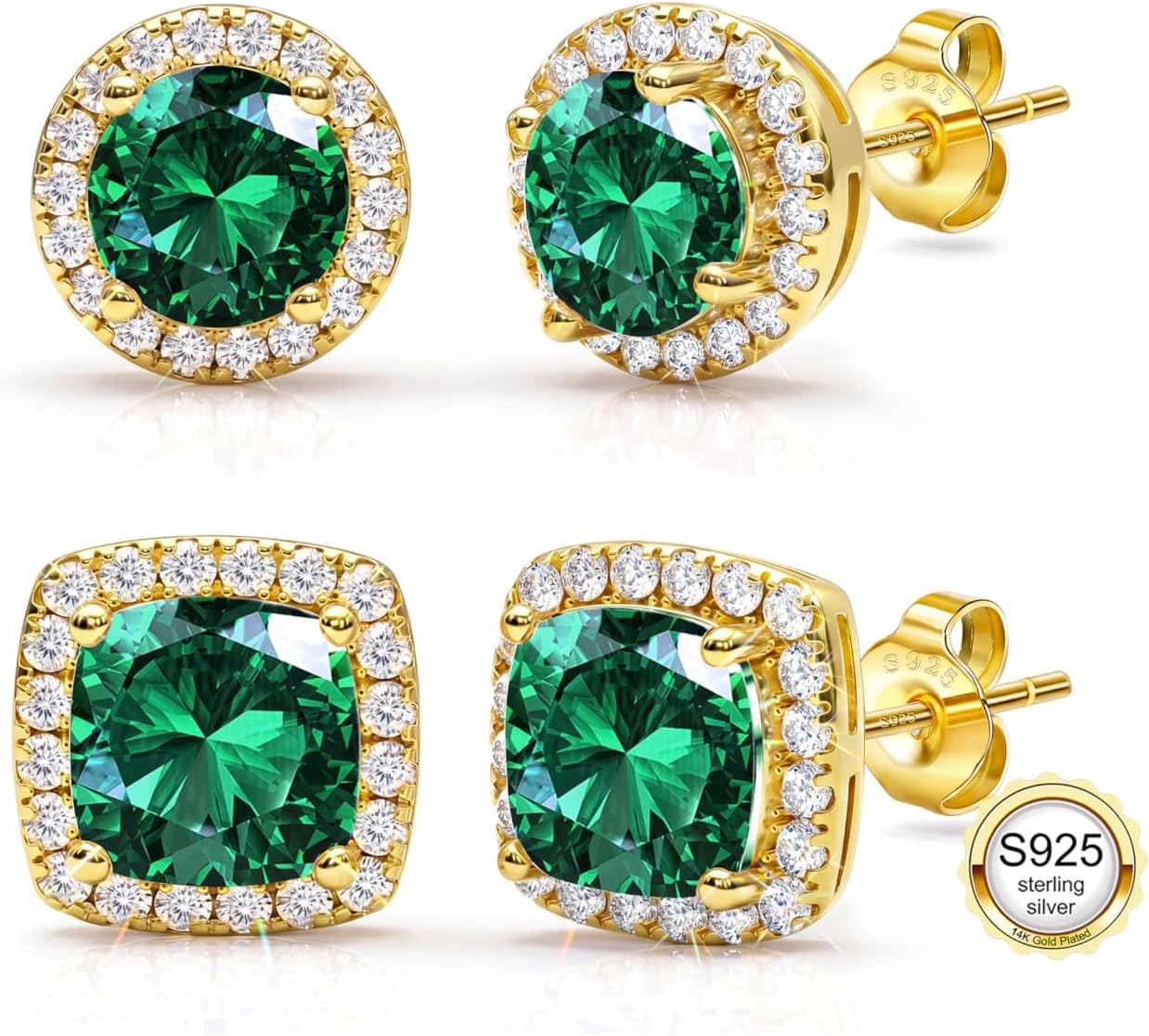 2 Pairs S925 Sterling Silver Stud Earrings For Women, Hypoallergenic 14K Gold Plated Cubic Zirconia Earrings Set, Non Tarnish Round Square Halo Silver Stud Earring Dainty Trendy Jewelry