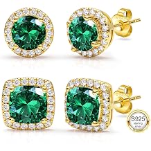 2 Pairs S925 Sterling Silver Stud Earrings For Women, Hypoallergenic 14K Gold Plated Cubic Zirconia Earrings Set, Non Tarnish Round Square Halo Silver Stud Earring Dainty Trendy Jewelry