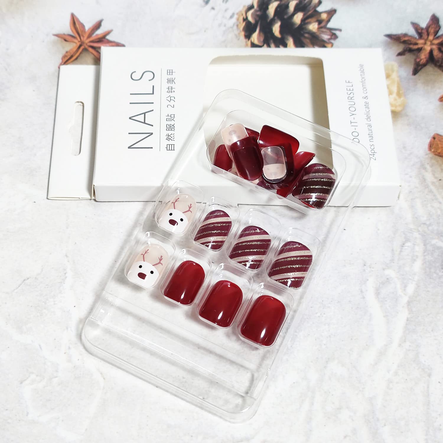 Uñas postizas rojas a presión de Navidad uñas postizas cuadradas cortas ...