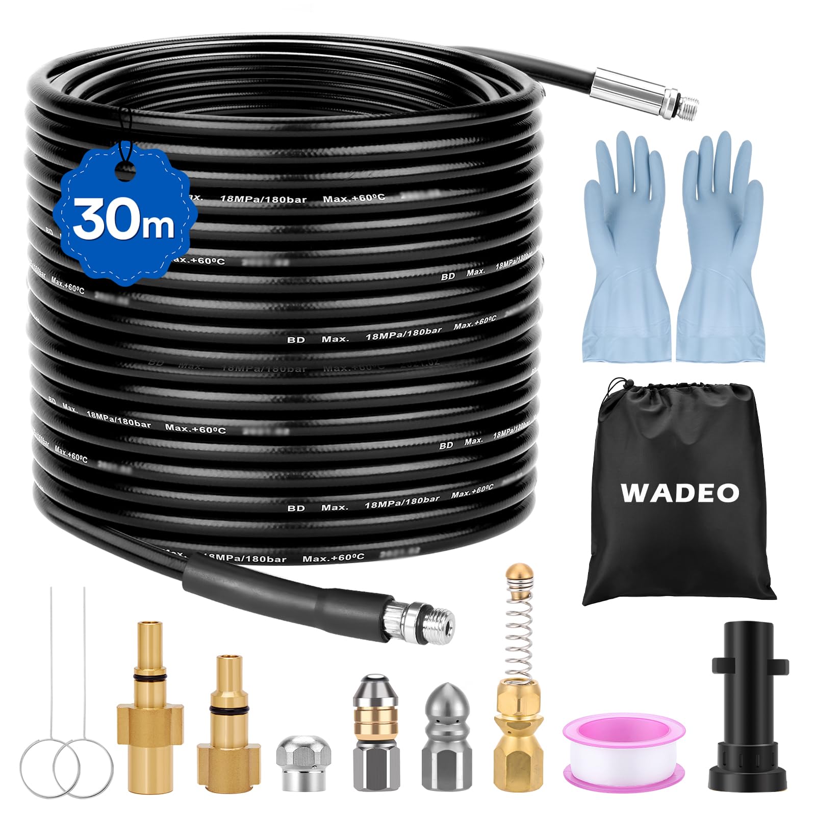WADEO wąż do myjki wysokociśnieniowej 30 m, sonda odblokowująca do Karcher/Lavor/Bosch (30 m A)