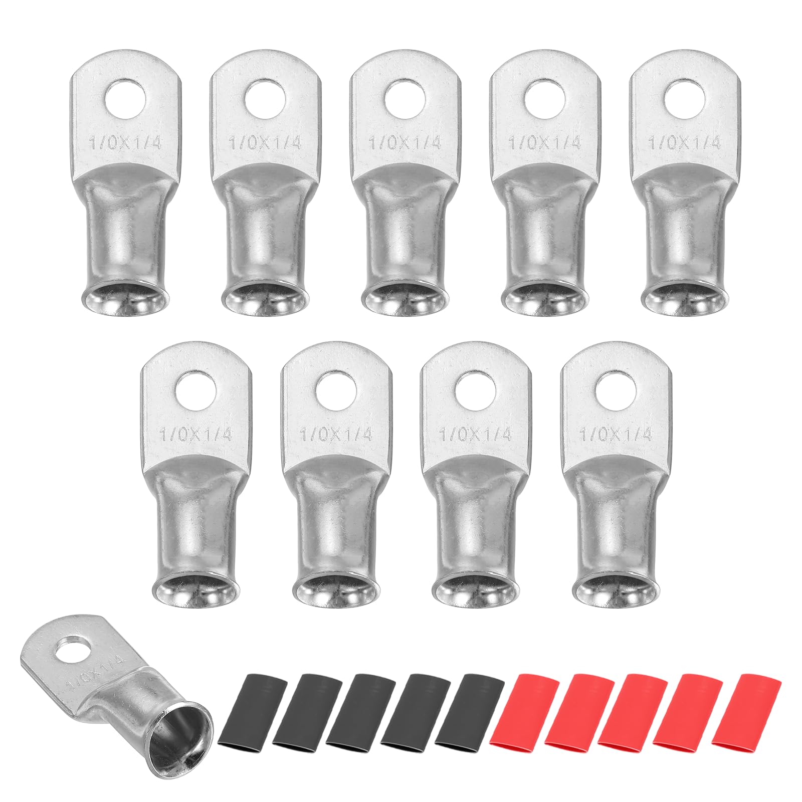 sourcing map 10pcs 1/0 AWG M6 Battery Lugs Ring Terminals, 1/4" 6mm Stud Crimp Wire Terminal Connector End Copper, 2:1 Heat Shrink Tubing, Silver