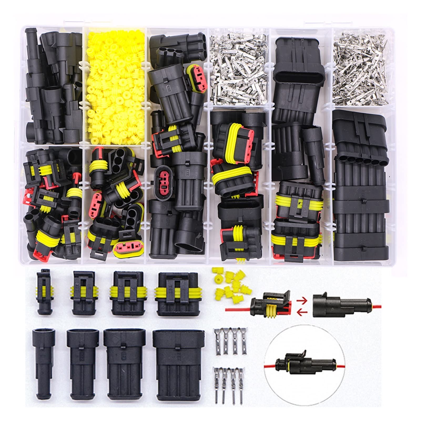 Artemisia 352pcs Escondido Conectores Impermeables 1/2/3/4 Pin 26sets Conector de Cable eléctrico Conector de Enchufe de Enchufe Harness 300V 12A (Color : 216PCS)