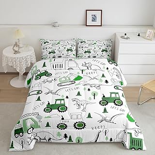 Feelyou Construction Comforter King Size Dinosaur Comforter Set for Boys Equipment Trucks Animals Bedding Set Room Decor Construction Vehicles Green Duvet Set 3Pcs