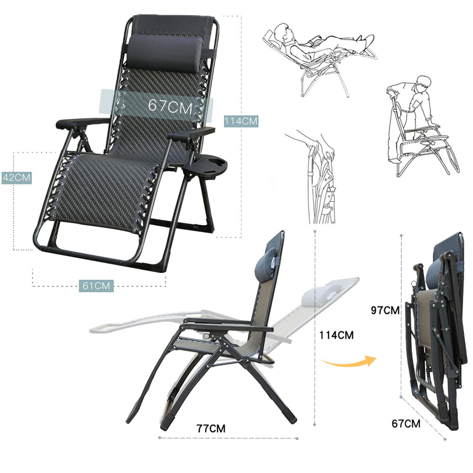Chaise Zero Gravity surdimensionnée, accoudoir Plus Large et inclinable de Salon Pliant rembourré avec Inclinaison réglable et Appui-tête pour pelouse, Patio, Camping, extérieur, intérieur, Support