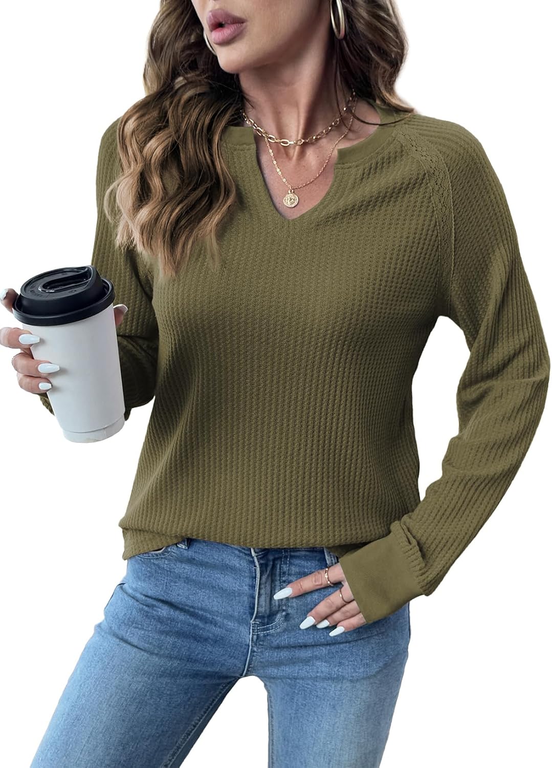 BLENCOT Long Sleeve Shirts for Women Trendy V Neck Fall Tops Cute Casual Waffle Loose Fitted Sweatshirt - Image 4