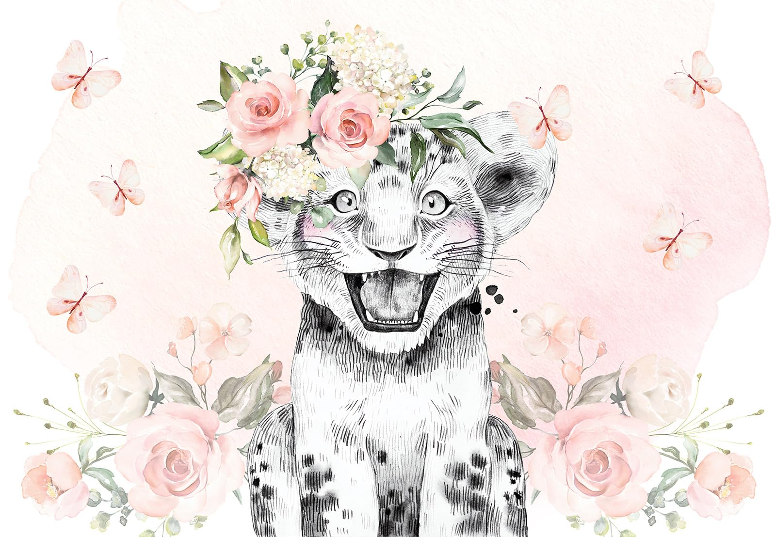 Papier peint panoramique enfants lion et fleurs Lumalea pour créer un cocon