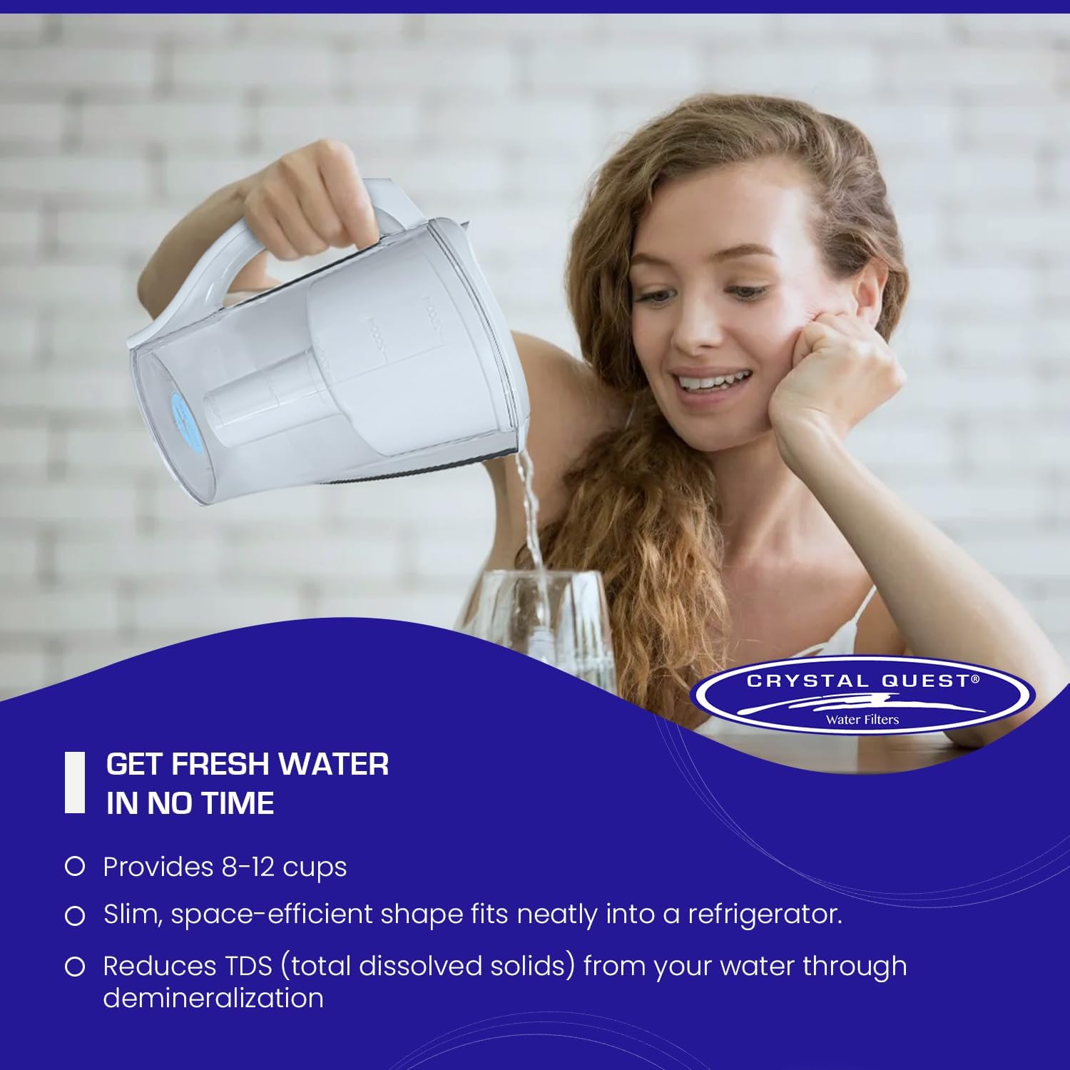 Crystal Quest Water Filter Pitcher - 12-Cup Capacity, Includes 1 Long-Life Filter, BPA Free, Meets NSF Standard 42 - Filters up to 2,000 Gallons – (DI) Demineralizing/White