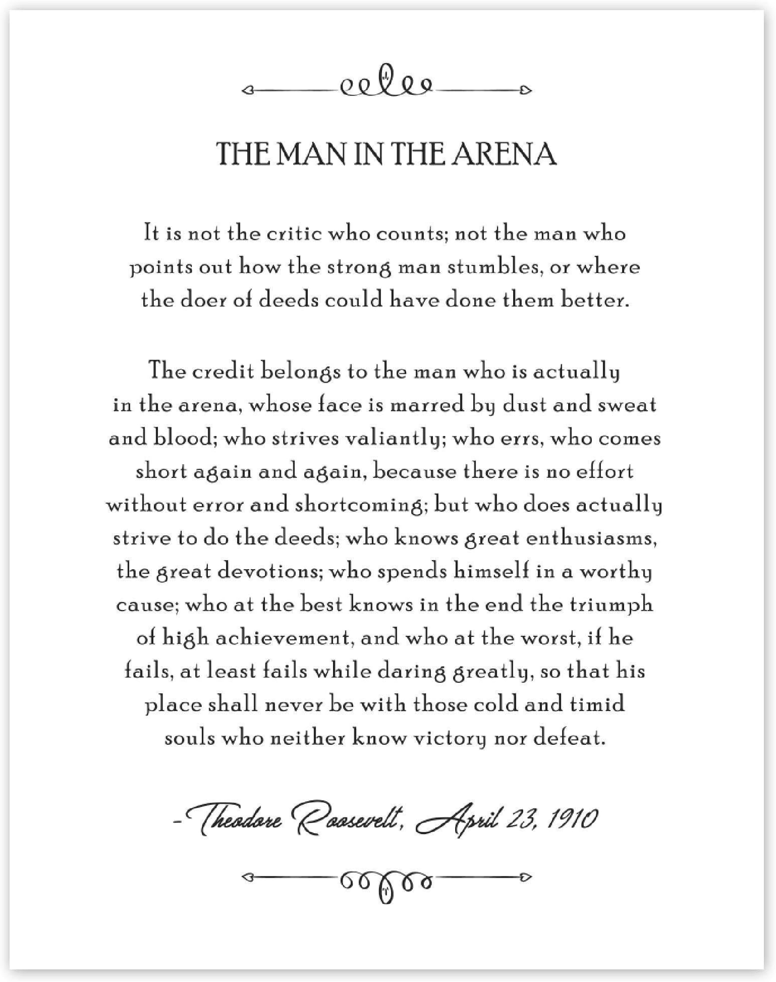 Theodore Roosevelt, Man in the Arena, Book Quote Prints, 1 (11x14) Unframed Photos, Wall Art Decor Gift for Home Work Office School College Student Teacher Coach Literary Life Positive Inspiration Fan