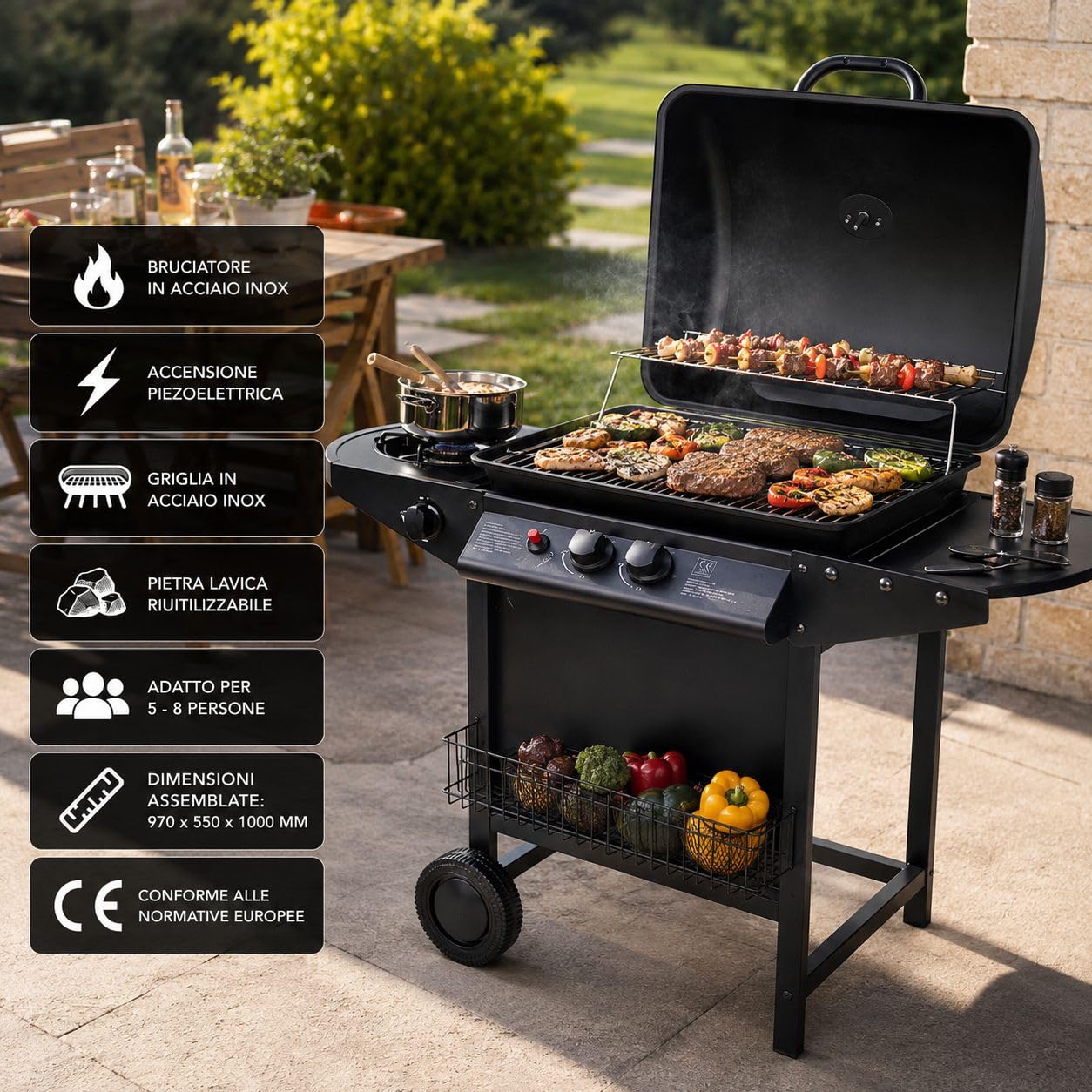 Barbecue a Gas 2 Bruciatori con Fornello Laterale – Griglia Rimovibile, Ripiani Laterali, Carrello con Ruote – BBQ da Giardino per Esterno, Compatto e Facile da Trasportare