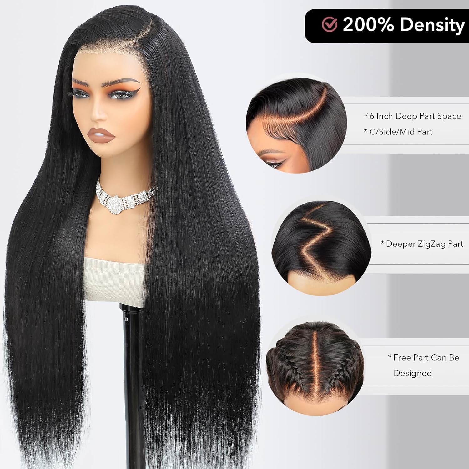 20 Pulgadas Pelucas Mujer Pelo Natural 5x5 Lace Front Wigs Human Hair Peluca Negra Larga Con 180% Densidad Rayita Pre Arrancada Con Cabello Natural De Bebé (50cm)