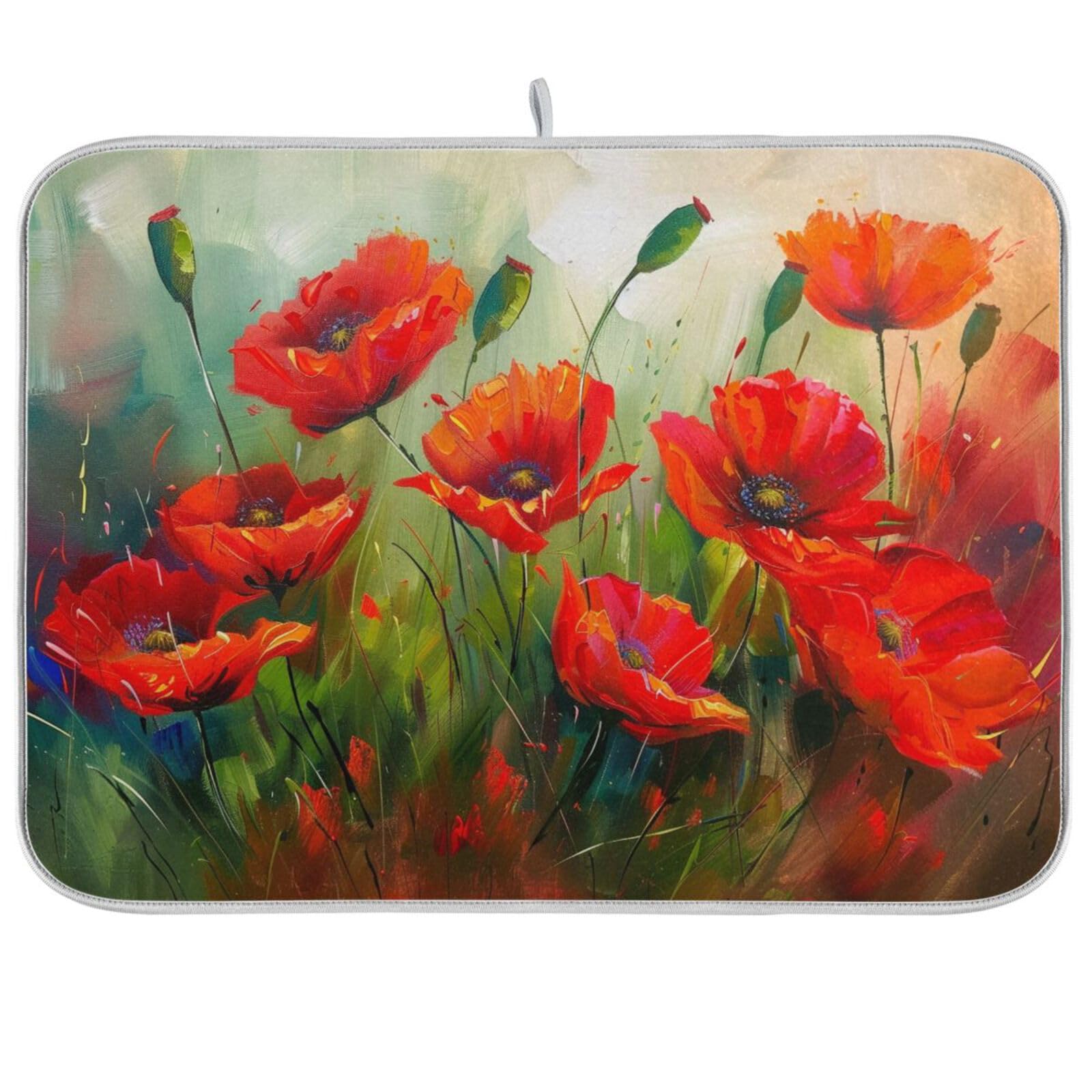 Vivid Pattern Extra Large Kitchen Dish Drying Mat, Beautiful Painting Blooming Red Poppy Flowers Filed Absorbent Slip-Resistant Table Protector Multipurpose Counter Rack Sink Drainer Pad,18