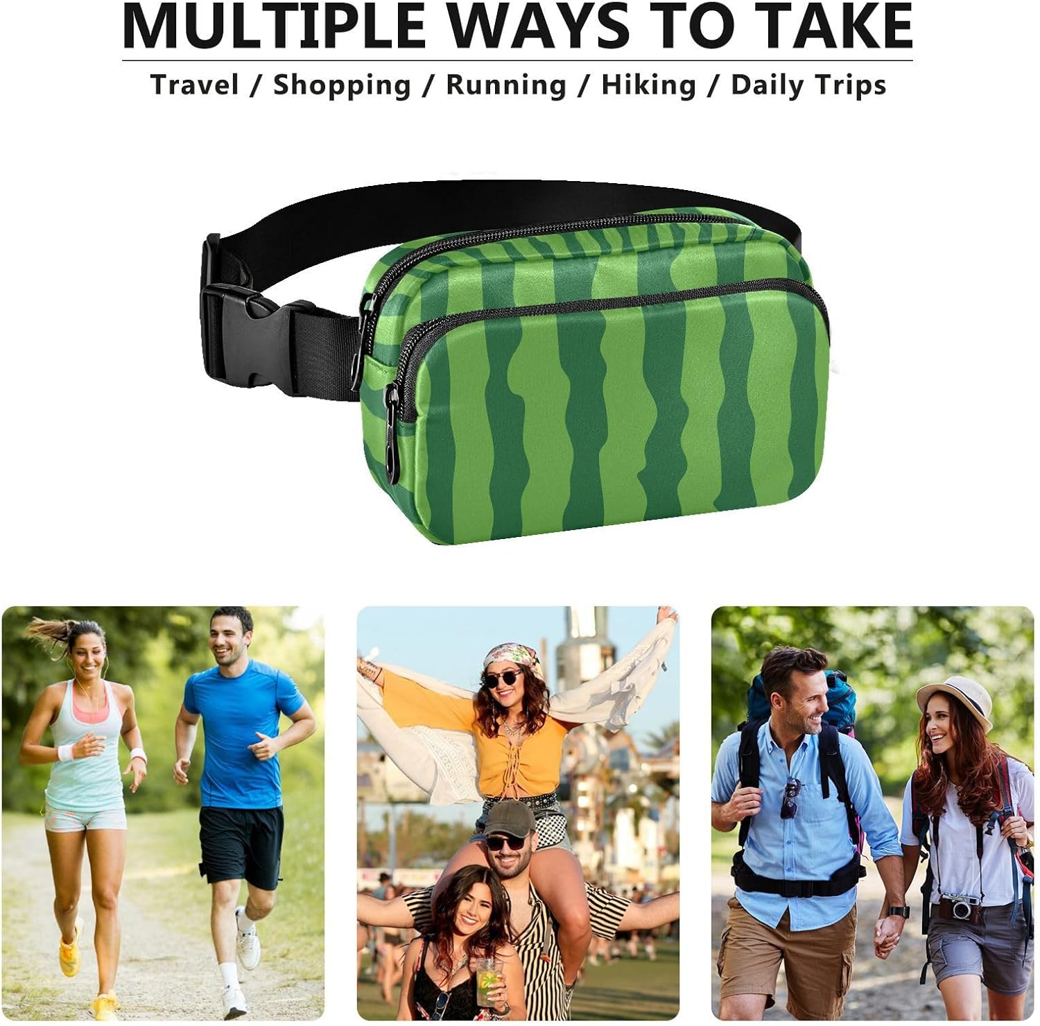 Green Watermelon Fruit Fanny Packs for Women Men Waterproof Fashion Waist Pack Adjustable Crossbody Bag for Travel Outdoors Hiking Running Cycling Bum Bag Shoulder - Image 6