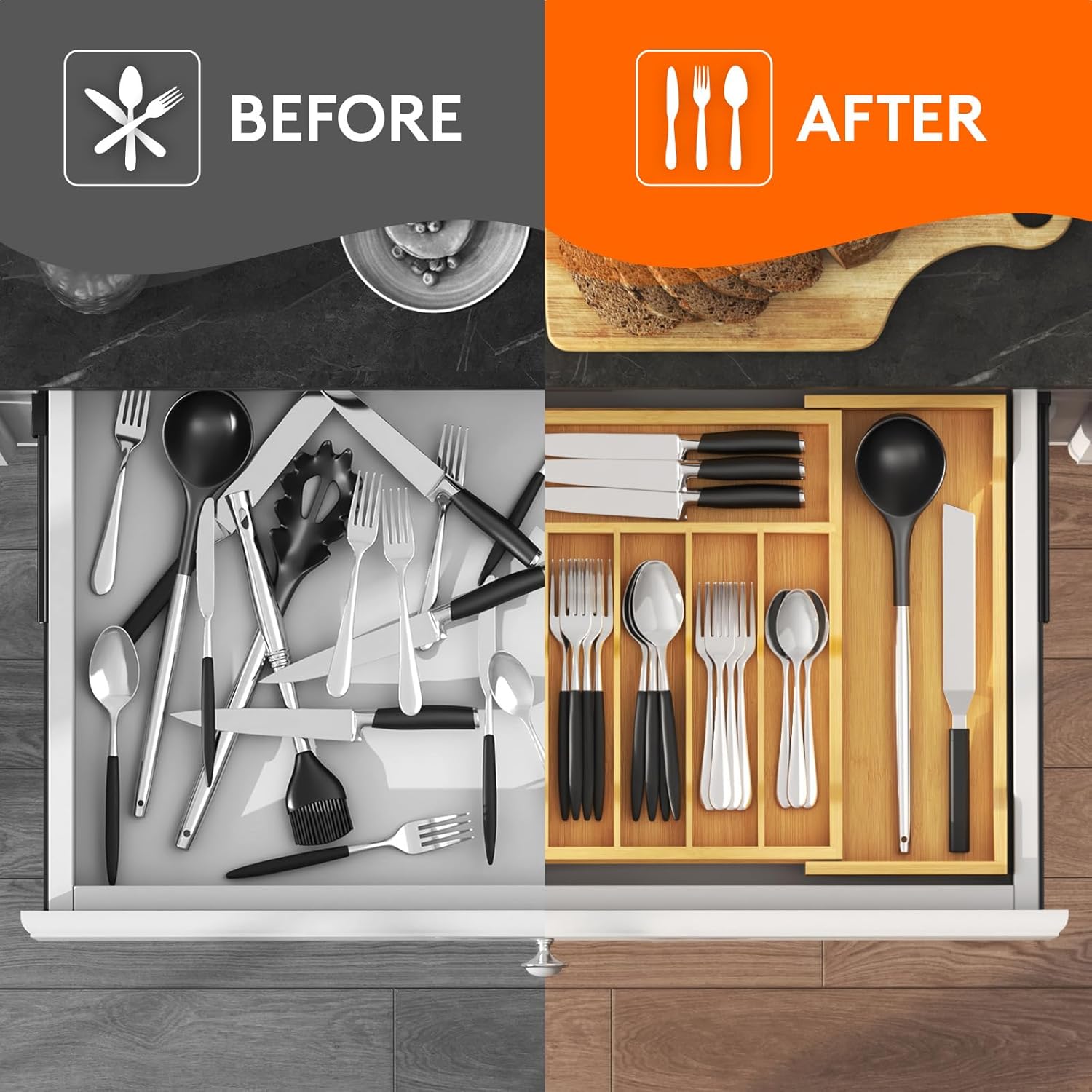 Lifewit Silverware Drawer Organizer, Expandable Utensil Tray for Kitchen, Flatware and Cutlery Holder, Wood Adjustable Storage for Spoons Forks Knives, 13-22x15/ 33-56x38cm, Natural