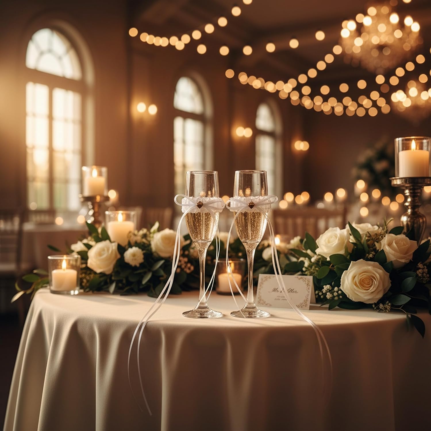 Wedding Champagne Flutes Set of 2 with Removable Decorative Covers, Elegant Bride & Groom Toasting Glasses, Reusable Wedding Glasses for Wedding Reception, Engagement and Anniversary